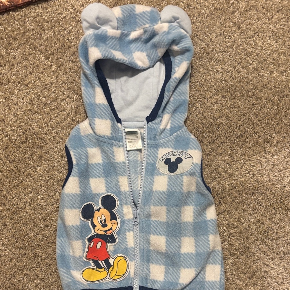 Blue Plaid Hooded Baby Vest with Mickey Mouse